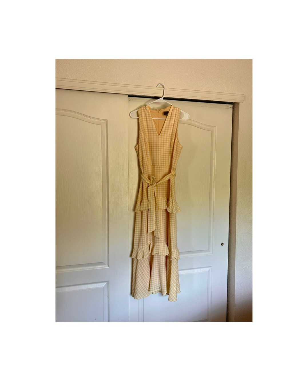 Sleeveless V Kneck Yellow Check Midi Dress with Waist Tie.   Lined dress.